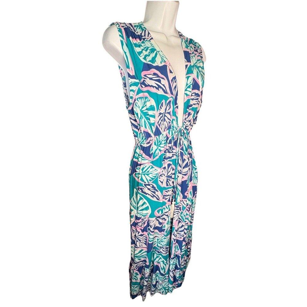 Blue Island Beach Tropical Palm Maxi Dress / Swim Cover-Up Size XL Teal Royal - Picture 2 of 7